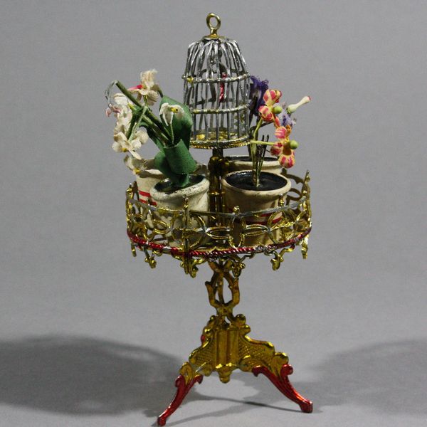 alter miniatuur blumenstnder mit vogelbauer  , miniature dollhouse accessories , Antique dolls house flowers plant with bird cage