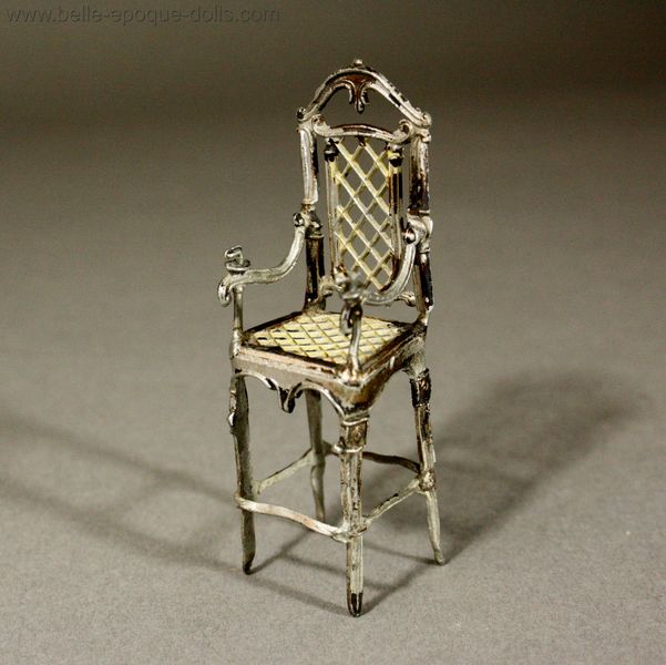 Antique soft metal child chair , Antique dolls house furniture metal baby high chair , Antique Dollhouse miniature child chair
