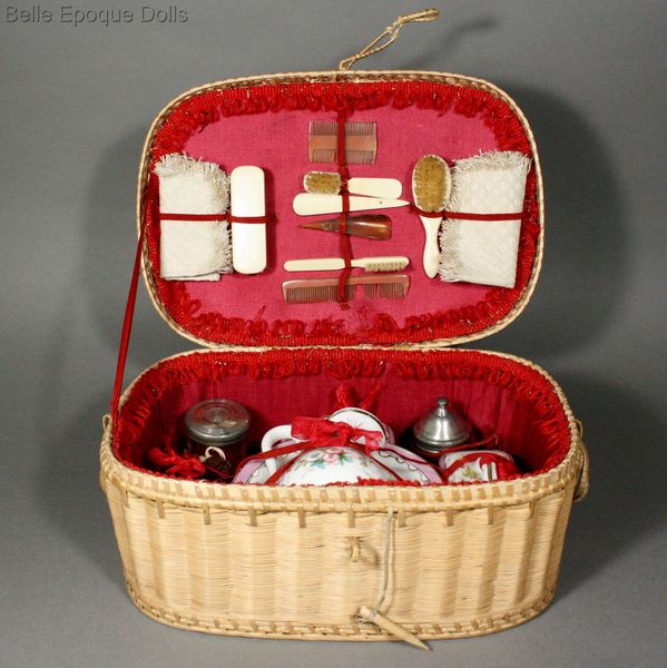 Antique Doll miniature perfume toilette menage , Wash Service for Doll in Original basket