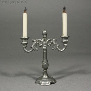 Antique Miniature Pewter Candelstick with two Candles