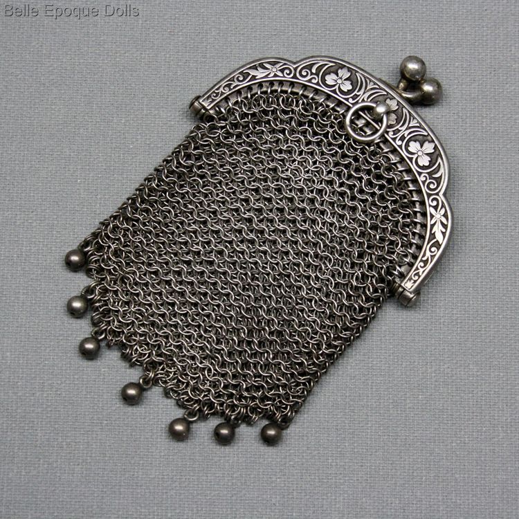Antique silver chainmaile purse miniature , Puppen  zubehor