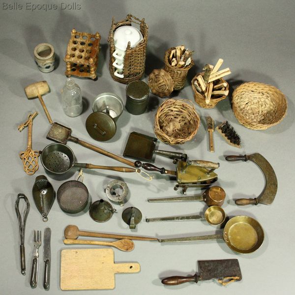 French antique miniature kitchen , Antique dollhouse cast iron stove , Antique miniature kitchen with pewter