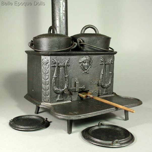 French antique miniature kitchen , Antique dollhouse cast iron stove , Antique miniature kitchen with pewter