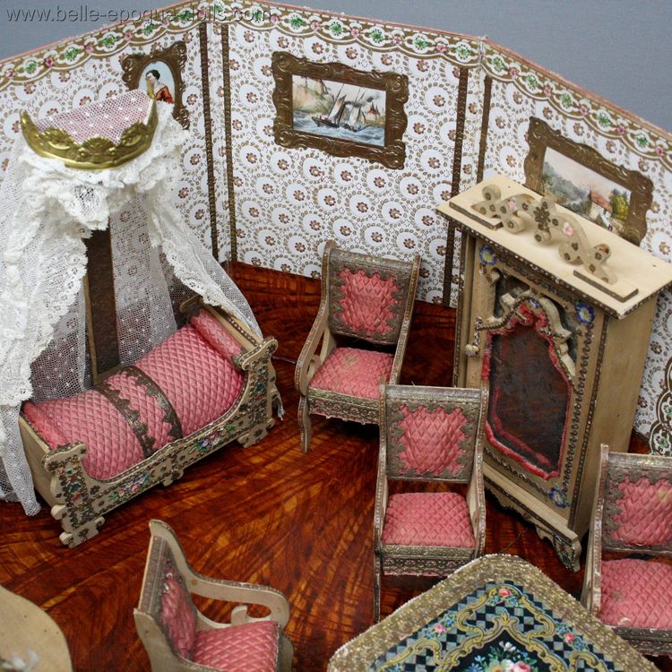 Antique French Dollhouse miniature , Antique dolls house furniture Badeuille , Antique Dollhouse miniature Badeuille Room