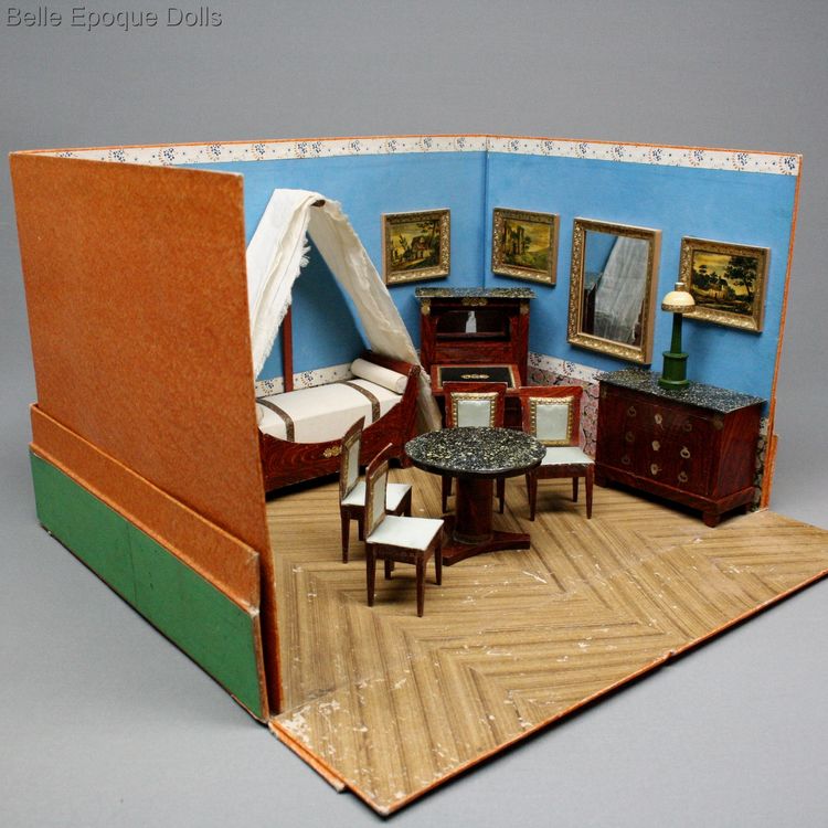 Louis Badeuille dollhouse , antique french miniature salon , mobilier poque restauration