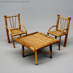Antique Japanese Bamboo Table and two Armchairs