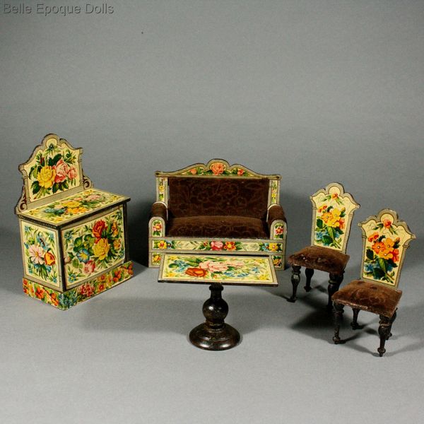 Antique Dollhouse miniature , Antique dollhouse parlor with floral lithographed paper