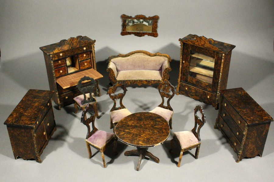 antique dollhouse rosewood furniture set , antique waltershausen dollhouse set