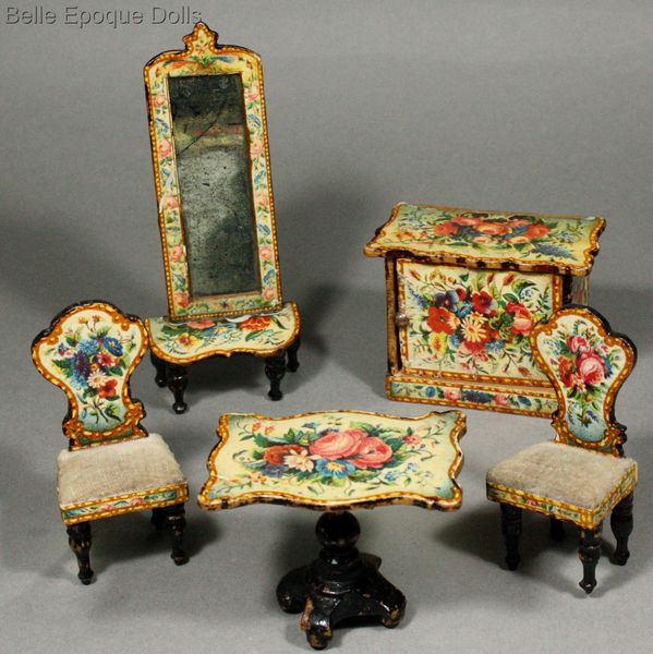 Antique dolls house furniture salon with lithographed paper , alte puppenstuben salonmbel 