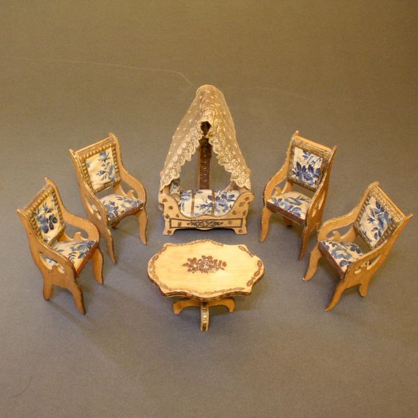 French dollhouse salon Louis Badeuille , antique French miniature furniture , Early French salon