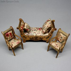 Antique Miniature French Recamier and  two Armchairs - by Badeuille