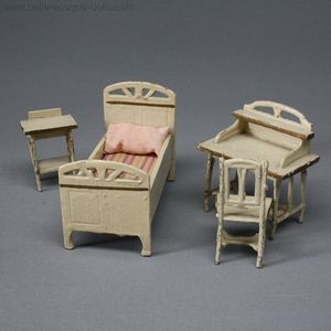 Antique Dollhouse Bedroom Furnishings in White Painted Wood and Pressed Cardboard - by Moritz Gottschalk