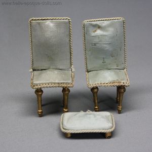 Set of Miniature Furniture : two chairs and a stool with silk upholstery