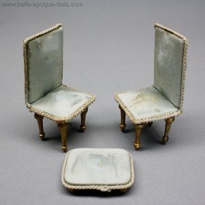 Miniature Furniture Set : two chairs and a stool with silk upholstery