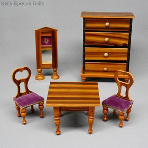 Dollhouse Faux Grained Dining Room with Light Finish and Colorful Upholstery