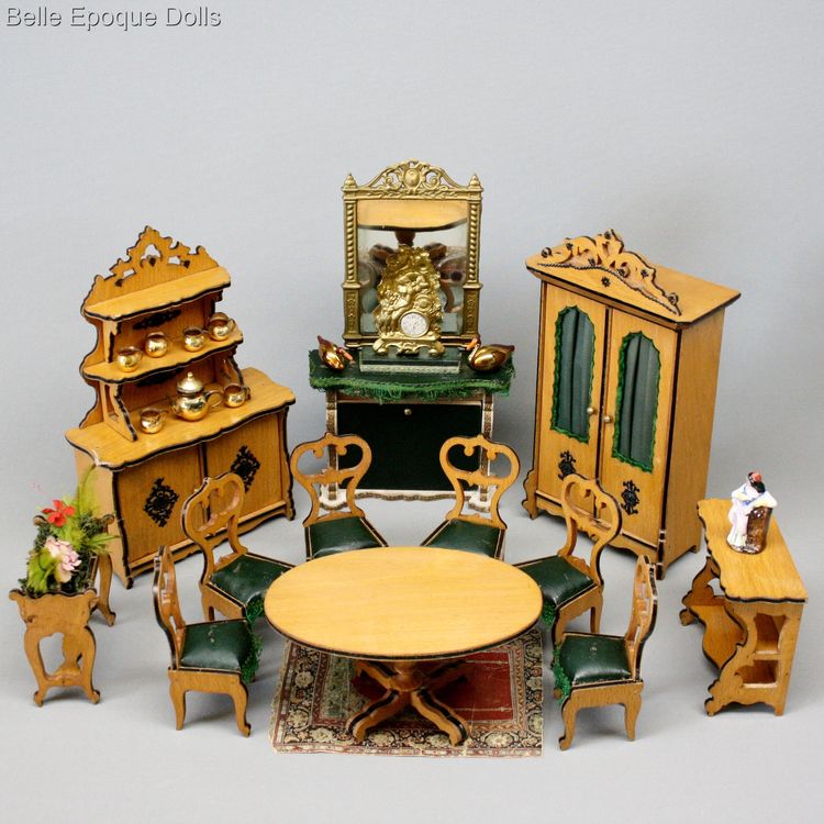 Faux leather salon in honey tone  , Antique miniature salon for sale , antique dollhouse miniature for sale