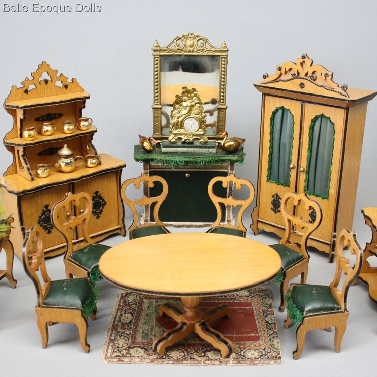 French salon miniature buffet , Faux leather salon in honey tone  , antique dollhouse miniature for sale