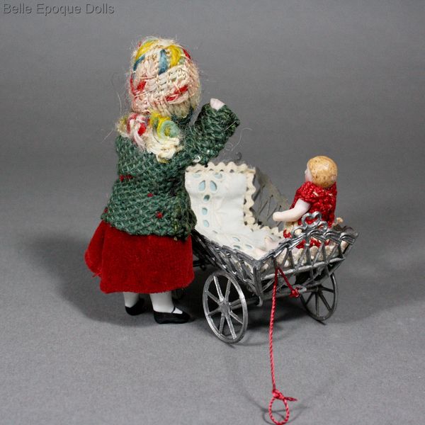 Antique Dollhouse miniature doll stroller pull toy , Puppenstuben zubehor