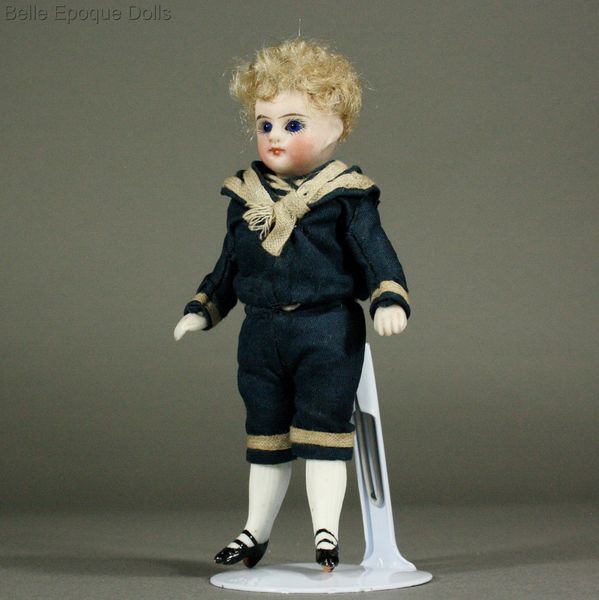 antique all bisque miniature cobalt glass eyes doll , Antique Dollhouse doll in sailor costume , Puppenstuben ganzbiskuit puppen