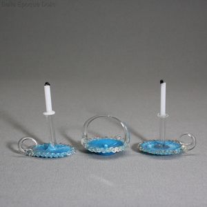 French Spun Glass Basket and Pair of Candle Holders with Turquoise Base