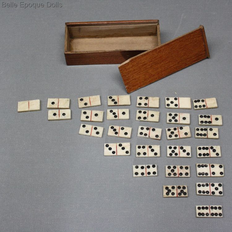 antique fashion dolls accessories , antique domino in wooden box ,  antique miniature domino game