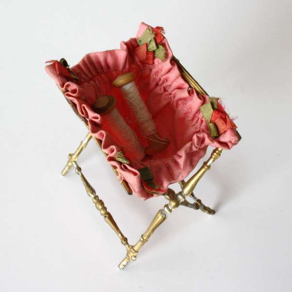 sewing for doll , antique dollhouse accessories , Antique miniature doll sewing basket