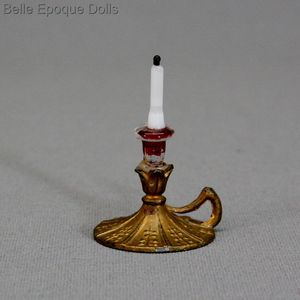 Early candlestick for your Dolls house, in gold painted pewter and colored glass candle