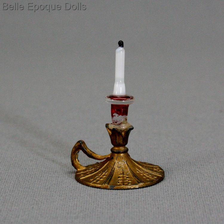 pewter and colored glass candle , antique miniature candelstick , pewter and colored glass candle