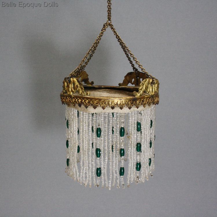 antique miniature  lamp with glass pearls , miniature antique dollhouse hanging lamp , alte puppenstuben kronleuchter aus glasperlen