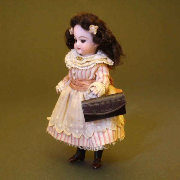 Antique Dollhouse doll leather handbag , antique miniature doll accessory