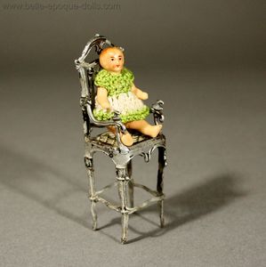 Very Decorative Child High Chair in Painted Soft Metal and its Baby