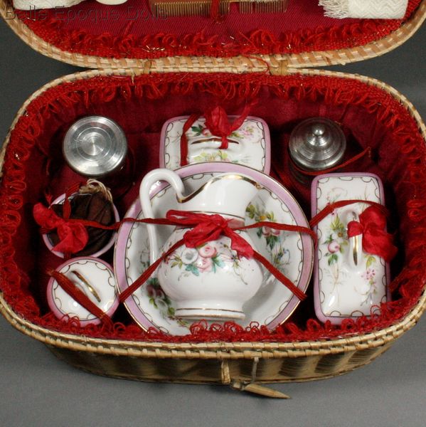 Wash Service for Doll in Original basket , Antique dolls wash set , Antique Doll miniature perfume toilette menage