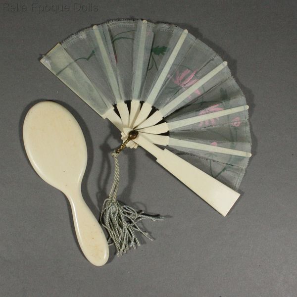 Antique Doll miniature mirror and doll fan , Puppen fcher spiegel