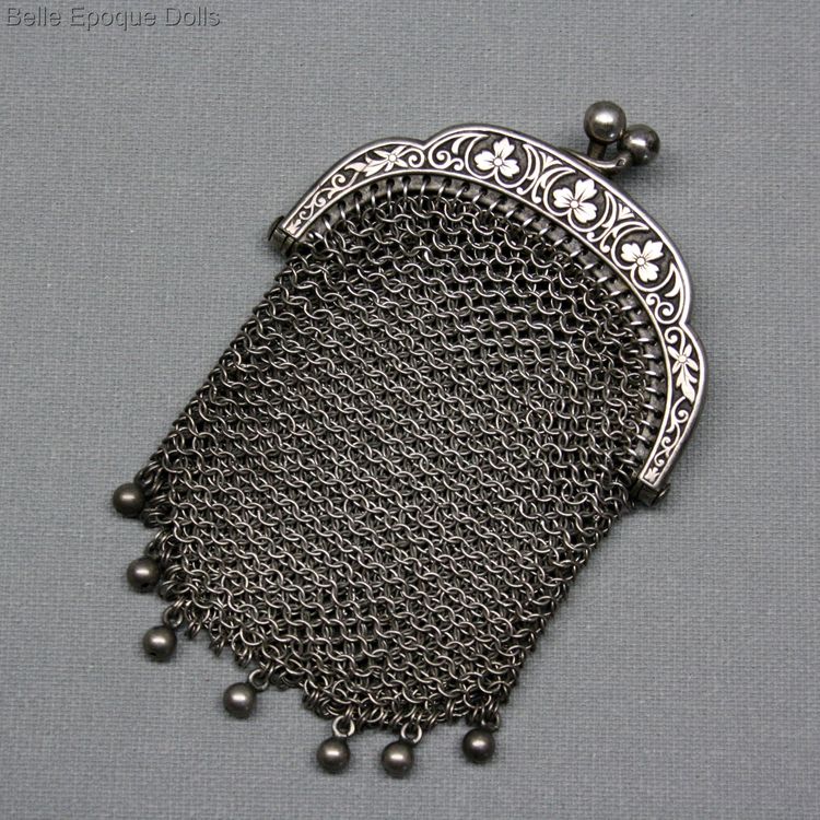 Puppen  zubehor , Antique silver chainmaile purse miniature , Puppen  zubehor