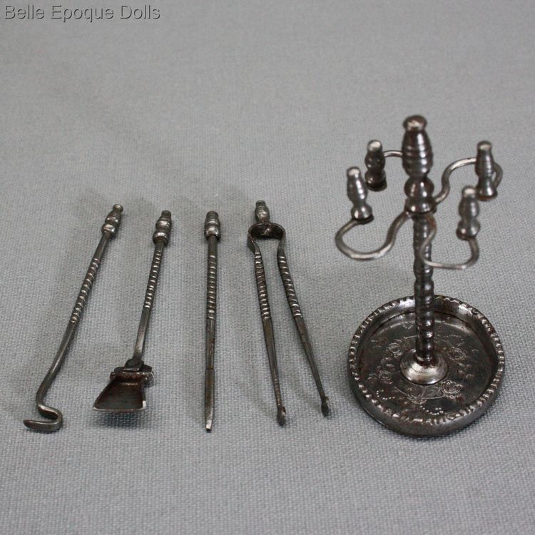 antique Fireplace Stand and Tools , Antique Dollhouse miniature accessory fire utensils , Puppenstuben zubehor alte kaminbesteck