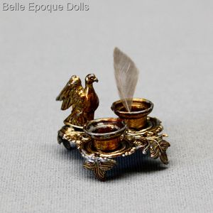 Rare  Gilded Metal Double Inkwell with Figural Bird