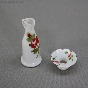 Antique Dollhouse Blown Glass Decanter and Bowl with Floral Decor