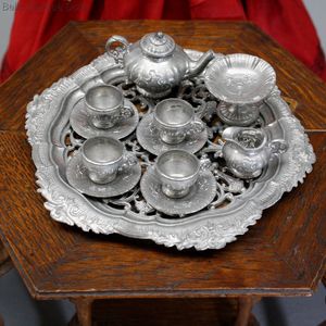Antique Pewter Tea Service on Tray for Fashion Dolls