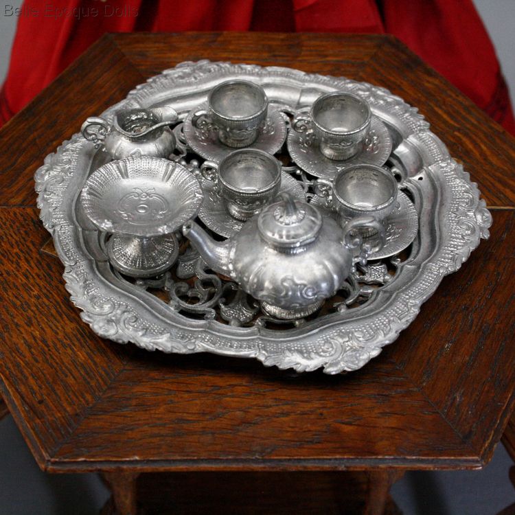 Antique Dolls House Accessories / Antique Pewter Tea Service on Tray