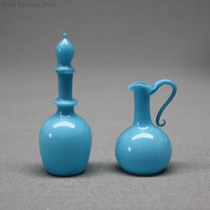 Antique Miniature Blue Opaline Glass Pitcher and Decanter