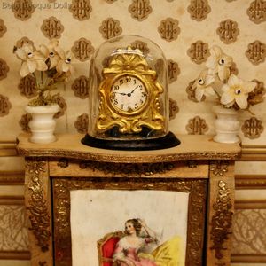 Antique dolls house clock under blown glass dome , Antique Dollhouse miniature mantel metal clock , Puppenstuben zubehor 
