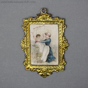 Antique Miniature Gilt Metal Frame with Lithographed Charming Scene