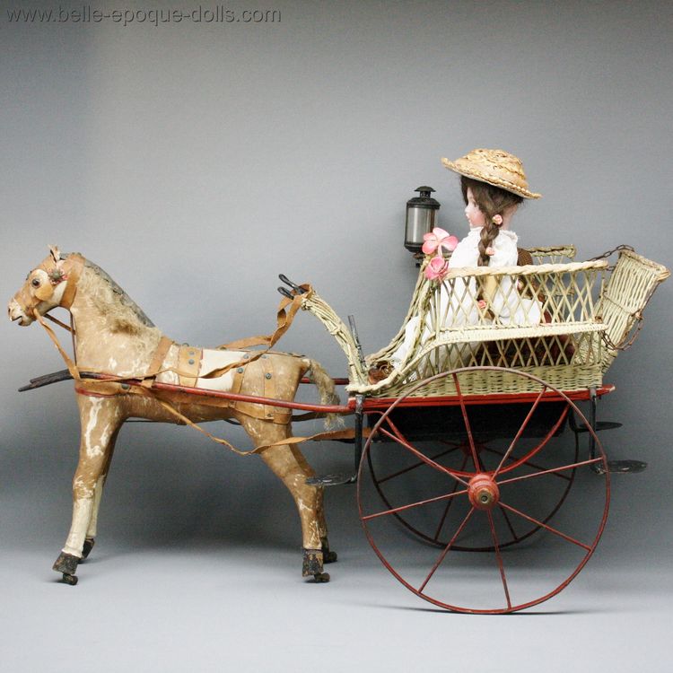 Antique Dolls House Accessories Rare French Carved Wooden Horse with Woven Two Wheeled Cart for your Doll Ref A0740