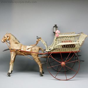Rare French Carved Wooden Horse with Woven Two-Wheeled Cart for your Doll