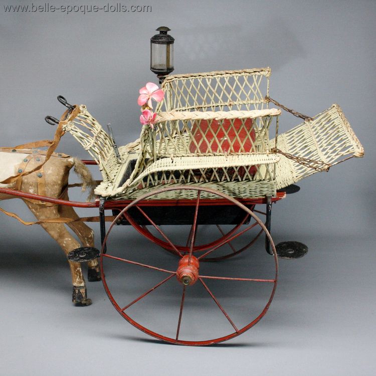 antique cart for doll , antique carved wooden horse  , miniature