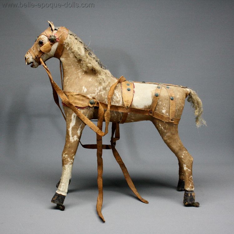 antique carved wooden horse  , antique cart for doll , miniature