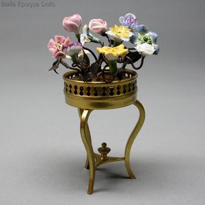  miniature antique jardiniere , antiqueporcelain flowers  , metal dollhouse jardiniere 