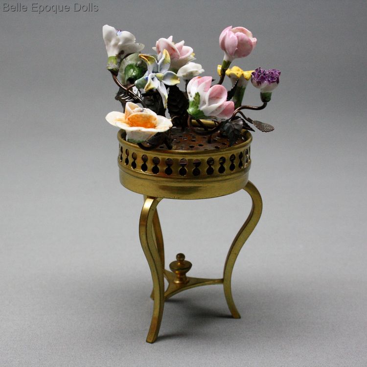 metal dollhouse jardiniere , antiqueporcelain flowers 