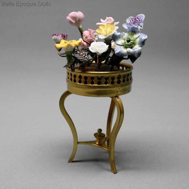antiqueporcelain flowers  , metal dollhouse jardiniere ,  miniature antique jardiniere
