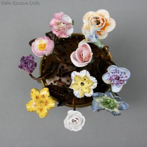 metal dollhouse jardiniere , antiqueporcelain flowers  ,  miniature antique jardiniere 